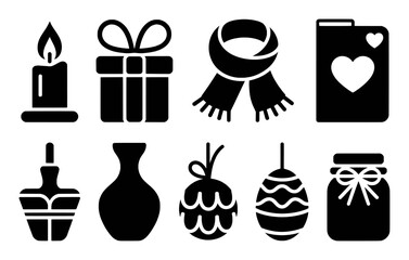 Collection of eight black silhouette icons representing gifts and winter items candle