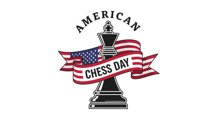 American Chess Day vector illustration with a king piece and a patriotic USA flag banner for a national holiday celebration event.