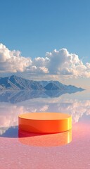 Orange disc podium on pink water, clouds, mountains