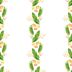 Seamless pattern of hand drawn watercolor tropical abstract floral and spots. Drawing botanical greenery illustration on white background. For fabric, wallpaper, wrapping decor print.