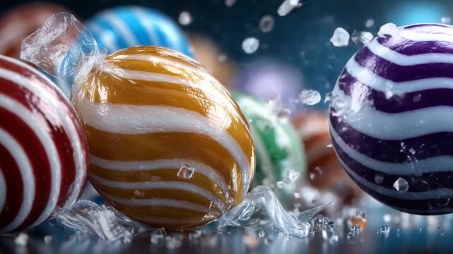 Colorful Swirls of Sweetness: A dynamic image captures vibrant, swirling hard candies in a burst of color and freshness, showcasing the sweet treat in a dazzling display.