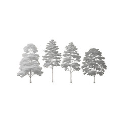 Four stylized monochrome trees with distinct foliage shapes and branch structures
