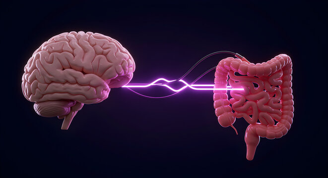 Microbiome gut-brain axis illustration showing brain and gut connection for mental health