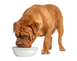 Fototapeta premium Majestic Dogue de Bordeaux Dog Eating from White Bowl isolated on a transparent background