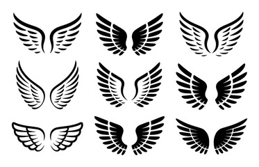 Fototapeta premium Collection of nine black stylized wing icons on a white background wings angel