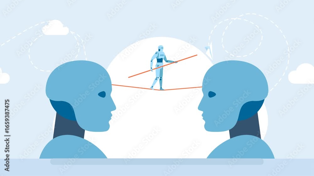 Poster balance between two robots with artificial intelligence. input data. two silhouettes of robot head, 