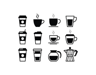 Coffee Icons Collection Black and White Vector Illustration for Cafe Menu Design or Coffee Shop Branding Material Simple Style Minimalist Set