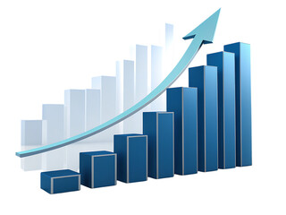 A bar graph displaying growth with blue bars and a light blue arrow pointing upwards on black background created with generated ai