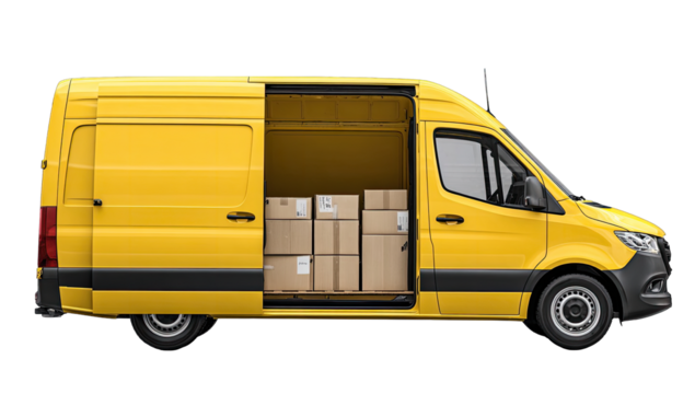 Yellow delivery van with open back door, cargo boxes inside