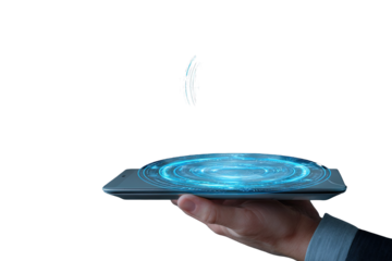 Hand holding tablet, swirling graphic, floating symbol