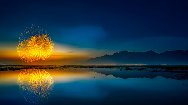 Golden fireworks bursting against a twilight sky, reflecting on a tranquil lake during National Day festivities.