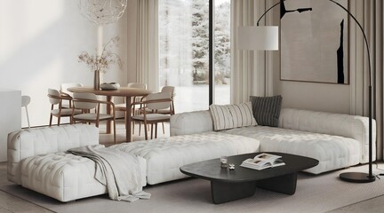 A modern living room in a luxurious stylish indoor design style..