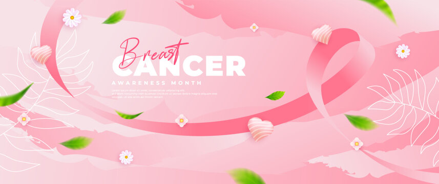 Breast cancer awareness month banner with pink ribbon element - Powered by Adobe
