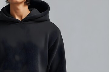 Close-up of a Stylish Black Hoodie on a Person with Curly Hair, Studio Shot with Neutral Background