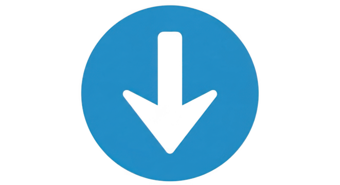 Simple blue oval with black downward arrow isolated on transparent background
