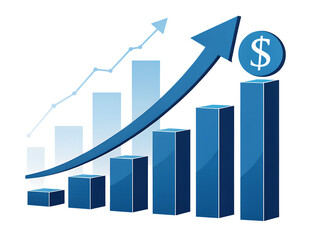 Blue bar graph showing upward trend with dollar sign on top indicating financial growth and success created with generated ai