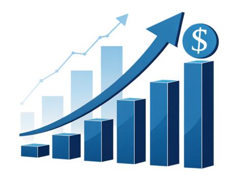 Blue bar graph showing upward trend with dollar sign on top indicating financial growth and success created with generated ai