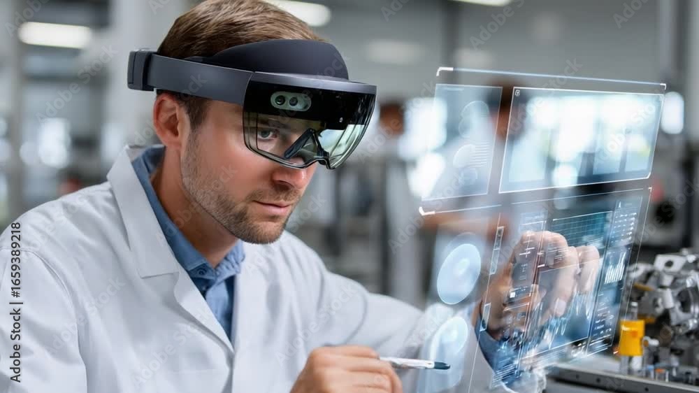 Poster tech-savvy vision: an expert engineer or technician in a lab setting, deeply focused on their work w