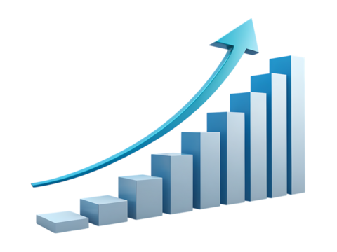 A blue arrow curving upwards above a bar graph with ascending steps on a black background image created with generated ai