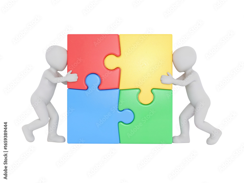 Poster cooperative effort assembling a puzzle, illustrating synergy and problem-solving, isolated