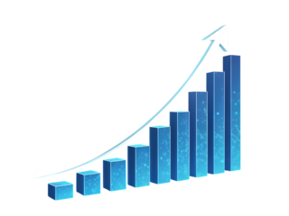 A blue bar graph with an upward trending arrow on a black background showing growth and success rate created with generated ai