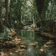 Obraz premium Crystal-clear stream flows through lush forest