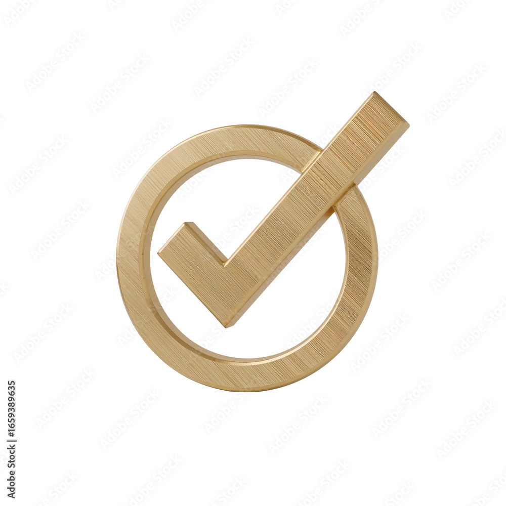 Poster golden validation checkmark emblem on transparent background symbolizing approval and success