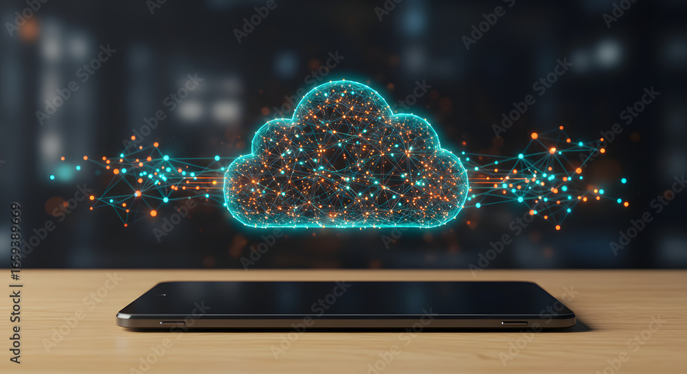 Poster abstract cloud network hovering over sleek digital tablet representing connectivity and technologica