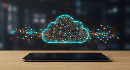 Abstract cloud network hovering over sleek digital tablet representing connectivity and technological advancement in