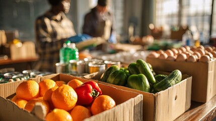 Food pantry with boxes of fresh produce, eggs, water, and canned goods. Volunteers sorting supplies in background. Concept for food donation, community support, healthy nutrition, and food security.