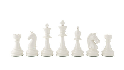 Elegant white chess pieces showcase strategic tabletop game components on a transparent setting