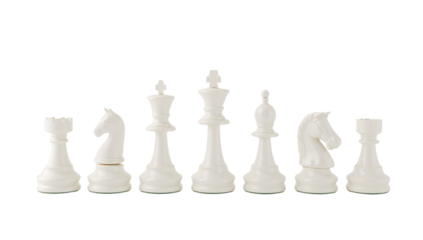Elegant white chess pieces showcase strategic tabletop game components on a transparent setting