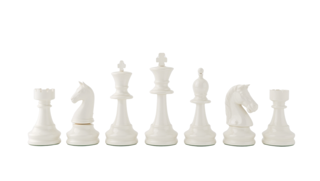 Elegant white chess pieces showcase strategic tabletop game components on a transparent setting