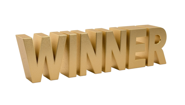 Golden winner lettering illustration, award trophy, concept of achievement, isolated art