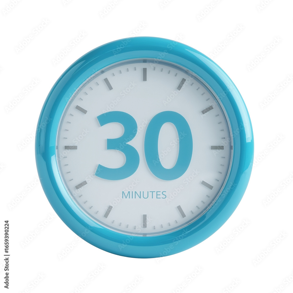 Poster a vibrant blue countdown clock displaying thirty minutes on an isolated transparent surface