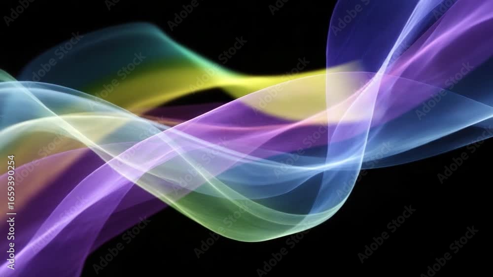 Poster flowing ribbons of color: abstract flowing ribbons of vibrant color dance against the deep black bac