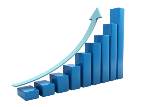 Blue bar graph showing upward trend with light blue arrow on a black background illustration created with generated ai
