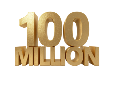Golden commemorative rendering of one hundred million isolated on transparent background for success