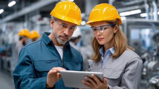 Focused Expertise: Two construction professional dressed in their respective safety attire, intensely reviewing a digital tablet amidst the machinery, signifying collaboration in the field.
