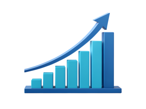 A blue bar graph with an arrow pointing upwards indicating growth on a black background in a studio shot created with generated ai