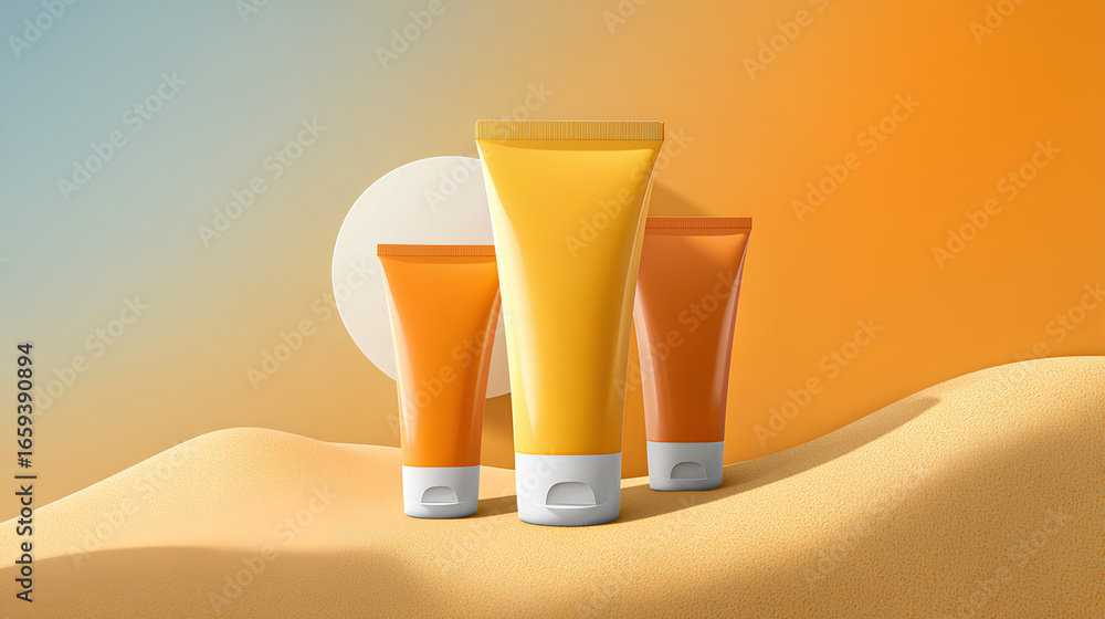 Poster blank mockup of three sunscreen tubes in different sizes aligned diagonally with copy space in upper