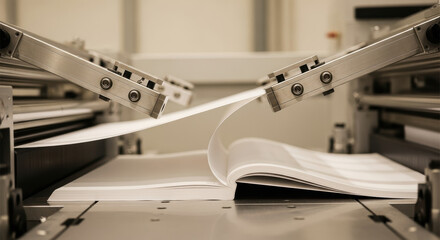 Industrial automated paper binding machine assembles open books with precise alignment for high speed mass publishing in modern printing facility