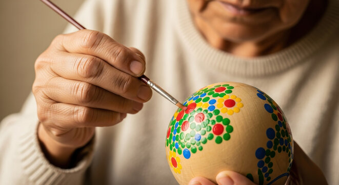 Senior woman carefully painting colorful dot patterns on wooden ball, engaging in relaxing creative art therapy activity, practicing mindfulness and fine motor skills