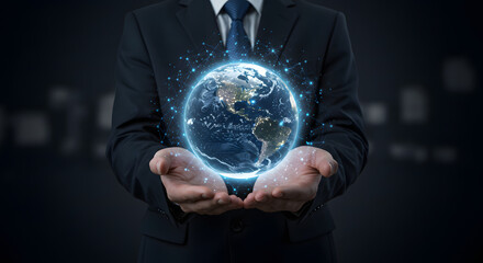 Executive cradling digital earth globe showcasing global networking and communication strategy across nations for