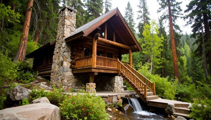 Rustic log cabin nestled in a lush forest beside a babbling brook