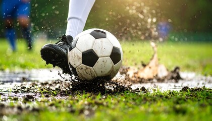 Soccer Player Dribbling Ball on Wet Muddy Field with Water Splash Action