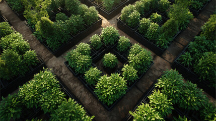 A high-angle, overhead shot of a symmetrical, geometric arrangement of small potted plants. The image is clean and vibrant, focusing on the orderly pattern created by the natural elements.