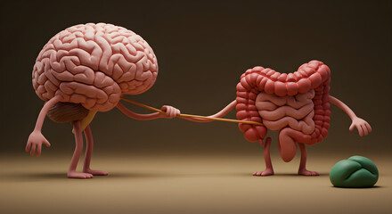 Microbiome gut-brain axis creative 3D characters handshake illustration