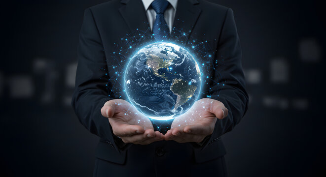 Executive cradling digital earth globe showcasing global networking and communication strategy across nations for