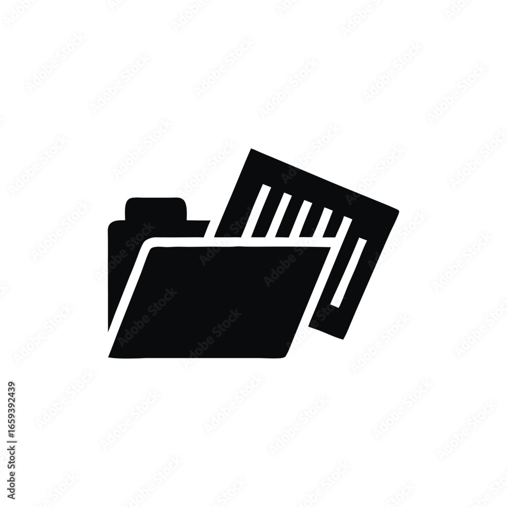 Poster folder icon representing file organization and data management with a document sliding out demonstra